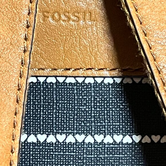 Fossil Megan Backpack LiteHide Leather Black White Heart Stripes Tan Accents - Picture 8 of 14